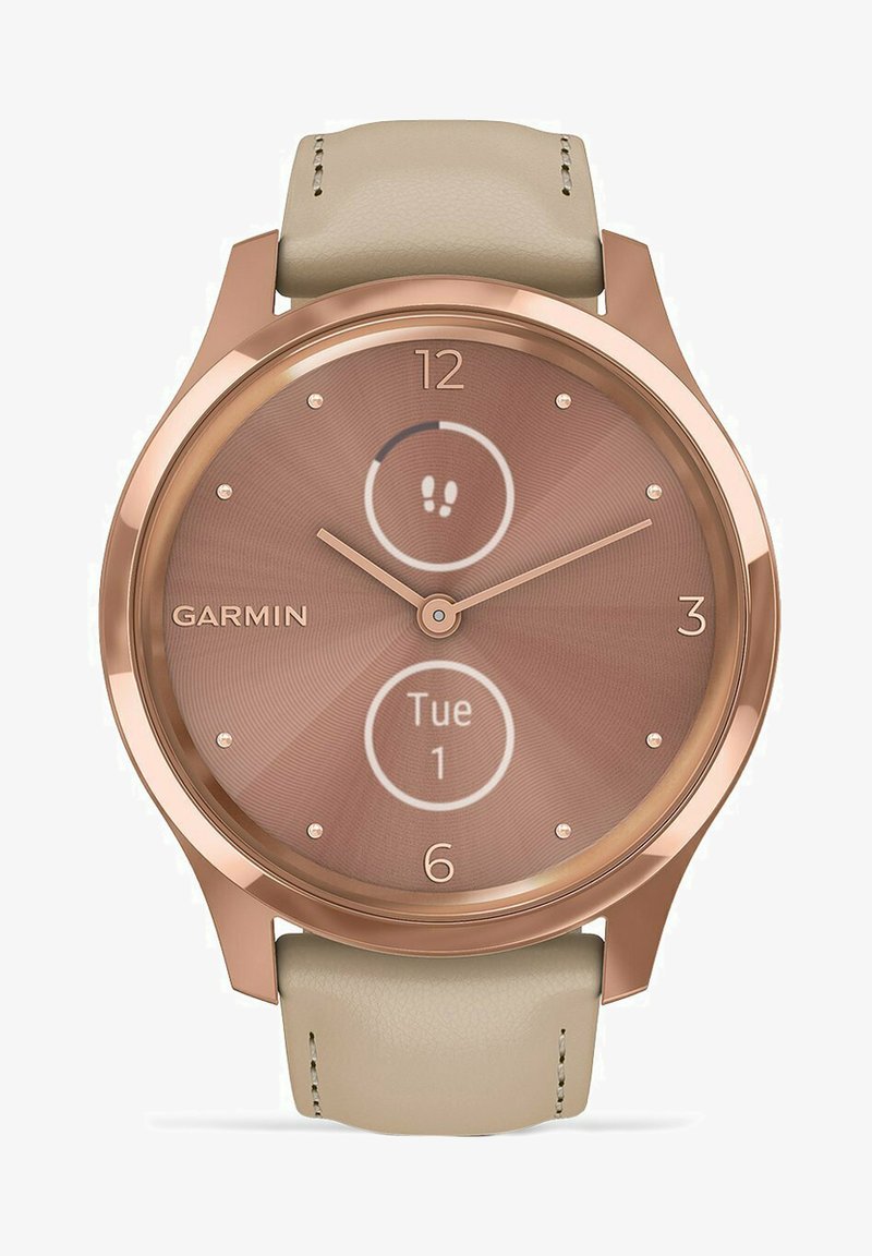 Orologio Garmin con cassa in metallo rosa dorato, cinturino in pelle beige, quadrante tondo, dial marrone spazzolato e display digitale che mostra la data e il conteggio dei passi.