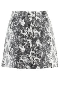 Zwart-wit slangenprints rok met een aansluitende taille, textuurstof, sluiting met knopen aan de voorkant en een licht uitlopende zoom.