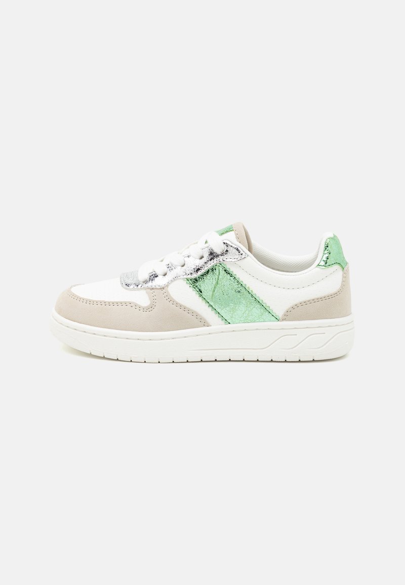 Sneakers featuring a white leather base with beige suede and metallic green accents. Round toe, lace-up design, textured finish, rubber sole.