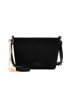 Czarna teksturowana torebka na ramię z regulowanym paskiem, ozdobnym kremowym sznurem z drewnianymi koralikami i subtelną metką marki z przodu.