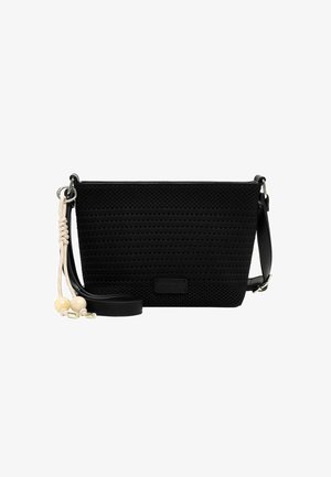 Sort tekstureret crossbody taske med justerbar rem, dekorativt cremefarvet snor med træperler og subtil mærkeetiket foran.