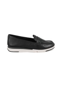 Black leather slip-on shoe with a rounded toe, small accent strap detail, and a contrasting white rubber sole. Smooth texture throughout.