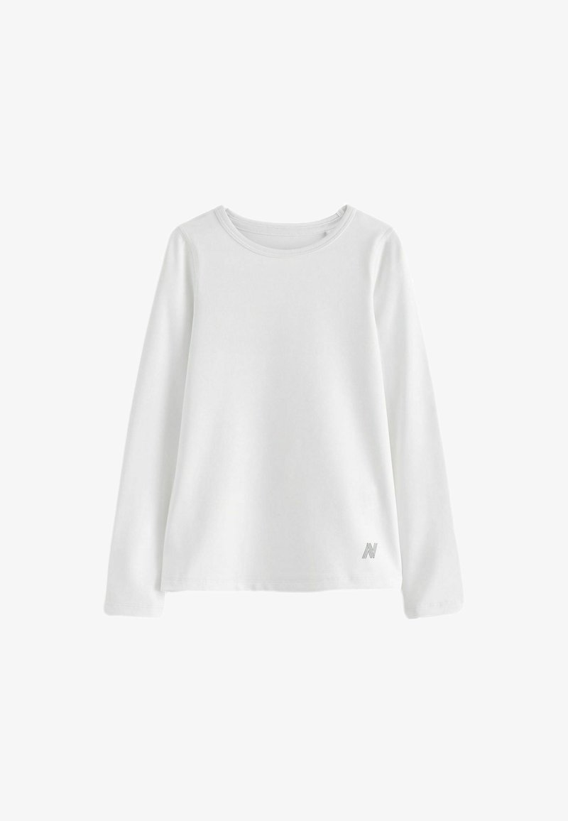 Biela košeľa s dlhými rukávmi vyrobená z mäkkej tkaniny, s okrúhlym výstrihom a jemným logom v pravom dolnom rohu.