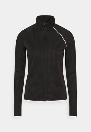 Black zip-up jacket with a high collar, featuring reflective accents, long sleeves, and a textured pattern on the fabric.