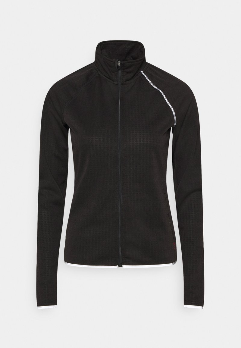 Veste noire zippée avec un col montant, dotée d'accents réfléchissants, de manches longues et d'un motif texturé sur le tissu.
