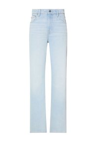 Lyseblå jeans med høy midje og rette ben, med frontlommer, beltehemper og knappelukking.