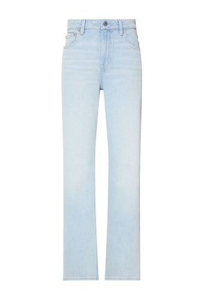 Hele sinised kõrge vöökohaga sirge säärega teksad ees taskute, vööaasade ja nööpidega sulgumisega.