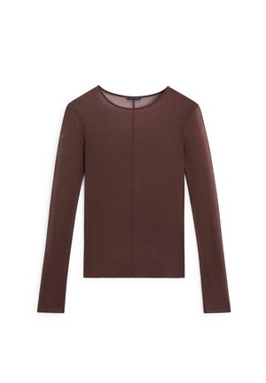 Brun, tætsiddende bluse med lange ærmer og rund halsudskæring, lavet af semi-gennemsigtigt let stof, vist fladt på en hvid baggrund.