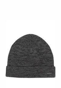 Cuffia in maglia grigia con texture a costine e risvolto piegato. Presenta una piccola targhetta logo metallica sul lato. Design classico e unisex.