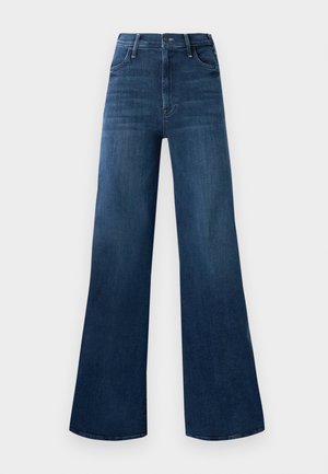 Jeans en denim bleu foncé taille haute avec jambes larges, poches avant, passants de ceinture et fermeture à bouton.