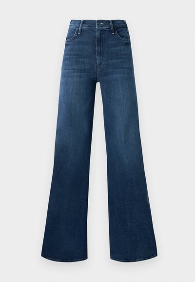 Jeans in denim scuro a vita alta, con gambe larghe, tasche frontali, passanti per cintura e chiusura con bottone.