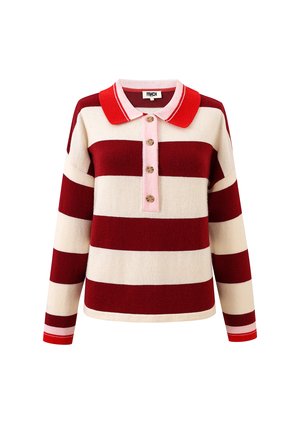 Trui met lange mouwen en kraag, gebreid, met brede horizontale rode en crèmekleurige strepen, rode kraag, roze knopenpat en houten knopen.