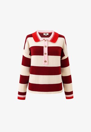 Trui met lange mouwen en kraag, gebreid, met brede horizontale rode en crèmekleurige strepen, rode kraag, roze knopenpat en houten knopen.
