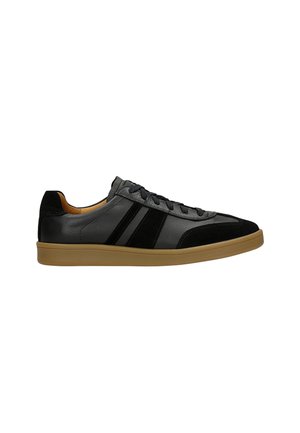 Black leather sneaker with suede accents, featuring gray stripes and a gum sole. Low-top design with round toe and lace-up closure.