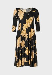 Czarna sukienka z trzema ćwierć rękawami i złotym kwiatowym wzorem. Rozkloszowany fason spódnicy podkreśla ruch i dodaje wizualnego zainteresowania.