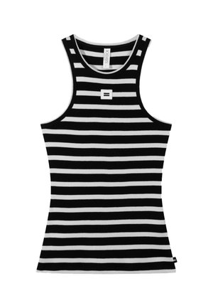Zwart-wit gestreept tanktop, met een geribbelde textuur, ronde halslijn en een klein logo-opdruk op de voorkant.