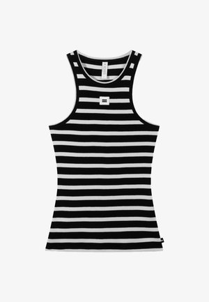 Zwart-wit gestreept tanktop, met een geribbelde textuur, ronde halslijn en een klein logo-opdruk op de voorkant.