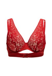 Rød blondetop med trekantede skåle, blomsterdesign på gennemsigtig stof, justerbare stropper og en hægte- og øjeknapning bagpå.