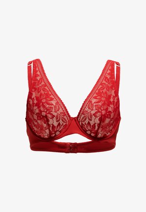 Rode kanten beha met driehoekige cups, bloemenpatroon op doorzichtige stof, verstelbare bandjes en een haak-en-oogsluiting aan de achterkant.