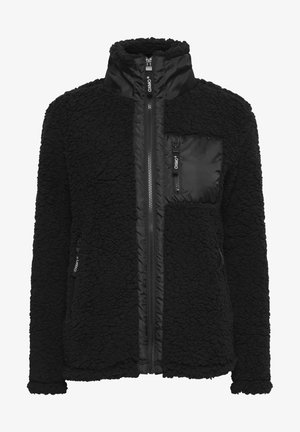 Black fleece jacket with a zippered front, high collar, and contrasting smooth fabric on the chest pocket and sides. Textured finish.