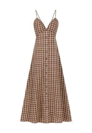 Braun-beiges karierter ärmelloser Kleid mit dünnen Trägern und Knopfleiste vorne, ausgestelltem Saum und V-Ausschnitt.