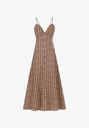 Braun-beiges karierter ärmelloser Kleid mit dünnen Trägern und Knopfleiste vorne, ausgestelltem Saum und V-Ausschnitt.
