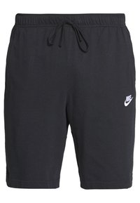 Pantalones cortos deportivos negros de Nike con cintura elástica, cordón y logo bordado en blanco en el muslo izquierdo.