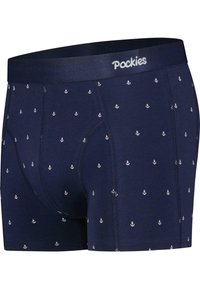 Boxeri din bumbac navy cu imprimeu alb de ancore, talie elastică etichetată "Pockies", ș seams plate și o ajustare strânsă.