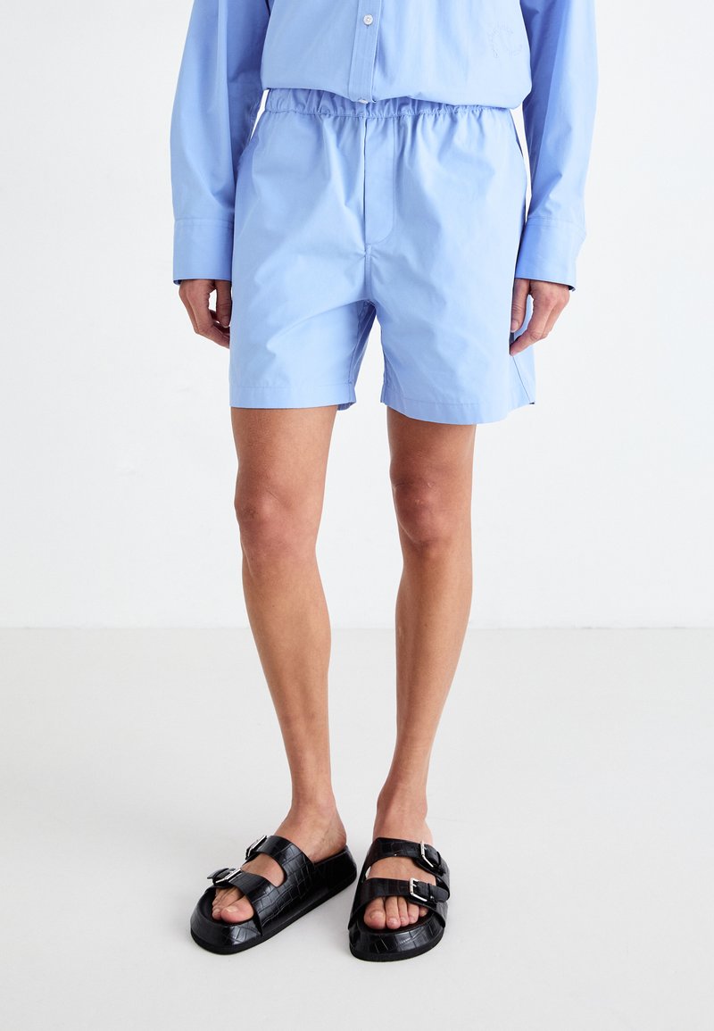 Shorts bleu clair en tissu lisse avec une taille élastique. Assortis à des sandales noires à boucles avec un design texturé.