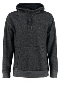 Sweatshirt à capuche noire avec une finition texturée et chinée. Comprend une poche kangourou avec des zips et des cordons de serrage ajustables sur la capuche.