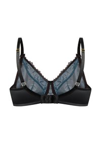 Czarny biustonosz z koronkowym tyłem, niebieskimi panelami z siateczki, satynowymi ramiączkami oraz złotymi ozdobami. Zapięcie na haftkę na plecach.