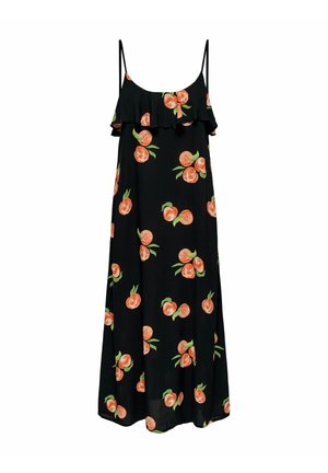 Zwarte mouwloze jurk met een ruches halslijn, voorzien van een perzikpatroon en groene bladeren. Gemaakt van lichte stof. Lange, flowy uitstraling.