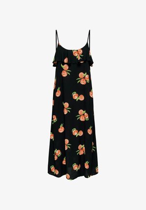 Melnas bezmuguras kleitas ar viļņotu dekoltē, ar persiku ziedu rakstu un zaļām lapām. Izgatavota no viegla auduma. Garš, plūstošs dizains.