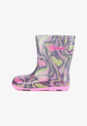 Botte de pluie pour enfant avec semelle rose, tourbillons multicolores scintillants et formes en cœur, arborant le logo "Billieblush" sur le côté.