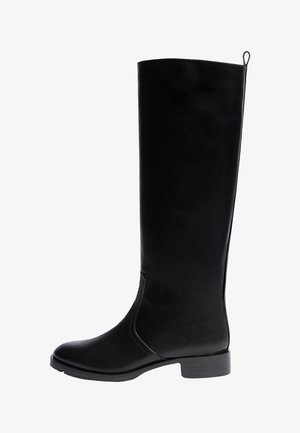 Schwarze Lederstiefel bis zur Kniehöhe mit glatter Oberfläche, runder Zehenform, minimaler Steppnaht und niedrigem Blockabsatz. Enthält eine Schlaufe an der Rückseite.