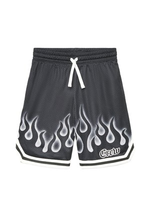 Pantaloncini in rete nera con motivi di fiamme bianche lungo il fondo e coulisse bianca in vita a fascia elastica.