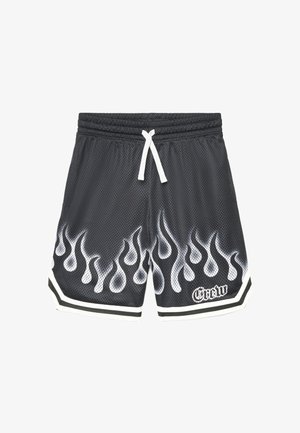 Pantaloncini in rete nera con motivi di fiamme bianche lungo il fondo e coulisse bianca in vita a fascia elastica.