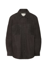 Mørkebrun ruskindsjakke med krave, knaplukning foran og to store brystlommer. Blød tekstur og firkantet form.