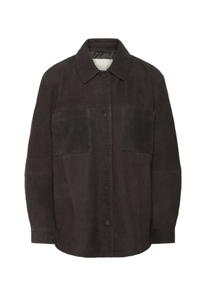 Tamnosmeđi suknjeni sako s ovratnikom, prednjim kopčanjem na gumbe i dva velika džepa na prsima. Mekana tekstura i kutni oblik.