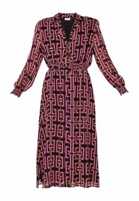 Klänning med lång ärm och krage, med ett geometriskt mönster i rosa, brunt och svart. Elastisk midja med knappar framtill.
