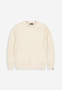 Cremfarbener Strickpullover mit rundem Ausschnitt, langen Ärmeln, gerippten Bündchen und Saum. Texturierter Stoff mit einem dezenten, einheitlichen Muster.