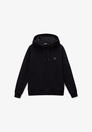 Černá mikina z měkkého materiálu, která má přední kapsu, stahovací kapuci, žebrované manžety a malé logo na hrudi.