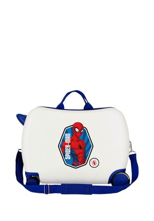 Maleta blanca y azul para niños con asa, ruedas y gráfico de Spider-Man en la parte delantera con texto y logo de araña.