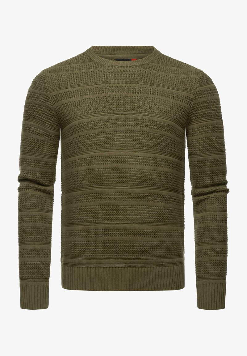 Olijfgroene gebreide trui met een gestructureerd horizontaal streepjespatroon, ronde halslijn en ribgebreide manchetten en zoom.