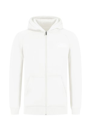 Weißer Zip-Hoodie aus weichem Material. Verfügt über eine Fronttasche, eine Kapuze mit Kordelzug und gerippte Bündchen. Schlichtes, sauberes Design mit dezentem Logo.