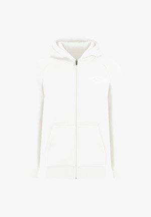 Weißer Zip-Hoodie aus weichem Material. Verfügt über eine Fronttasche, eine Kapuze mit Kordelzug und gerippte Bündchen. Schlichtes, sauberes Design mit dezentem Logo.