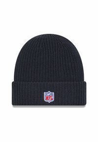 Strickmütze in dunklem Marineblau mit umgeschlagenem Saum. Auf der Vorderseite befindet sich ein gesticktes NFL-Logo in rot und blau zur Kennzeichnung.