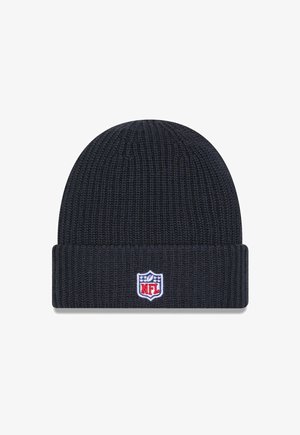Knitted beanie in dark navy with a folded cuff. Features an embroidered NFL logo in red and blue on the front for identification.