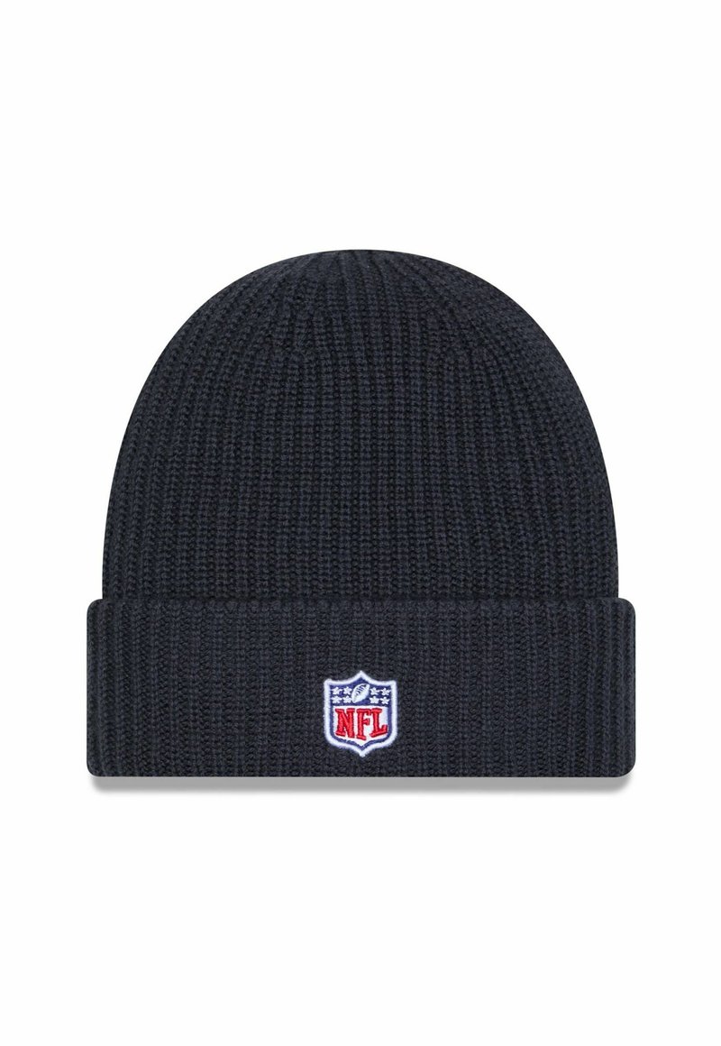 Strickmütze in dunklem Marineblau mit umgeschlagenem Saum. Auf der Vorderseite befindet sich ein gesticktes NFL-Logo in rot und blau zur Kennzeichnung.