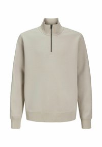 Beige zip-sweatshirt med hög krage, ribbade muddar och nederkant, tillverkad av mjukt tyg, med en diskret dragkedjedetalj fram.